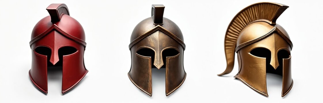 Three Spartan warrior helmets isolated on white background. Red, brown, golden colors. Knight armor for protection in battle. Ancient military gladiator shield, medieval warrior mask for war, combat.