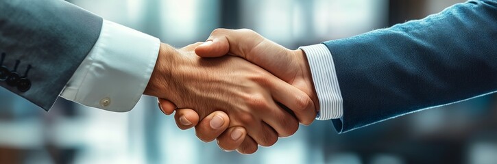 Fototapeta premium Hands shake firmly in agreement during a business meeting in a modern office environment