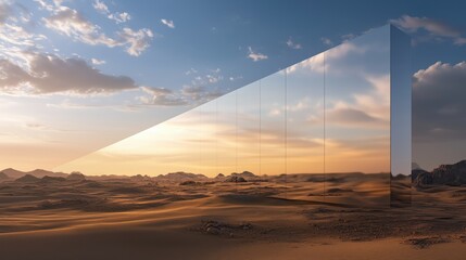 A colossal linear mirrored skyscraper extends infinitely across a barren Middle East desert landscape, reflecting the sky.