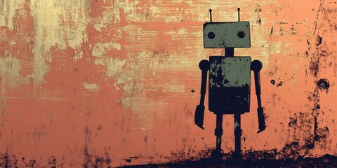 Retro robot stands against a textured abstract distressed painted surface