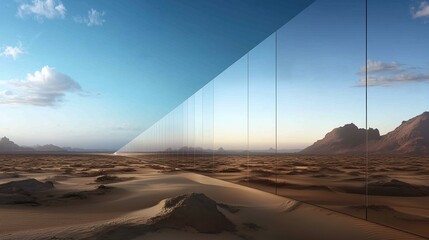 A futuristic, mirrored linear building stretches across the Middle East desert, reflecting the sky and landscape in a surreal manner.