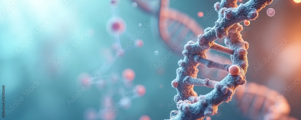 Leinwandbilder Illustration displays DNA structure with molecule models in tech environment. It symbolizes biomed advance research computation and optimization for health care solutions. Medical innovation using AI