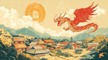 Obraz premium Red dragon soars above a traditional Japanese village landscape