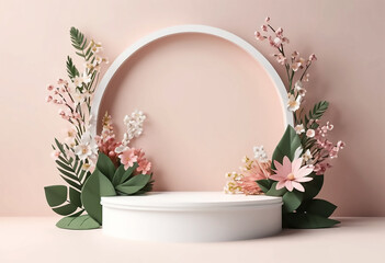 3D podium with a background of spring flowers and spring leaves, minimalist style