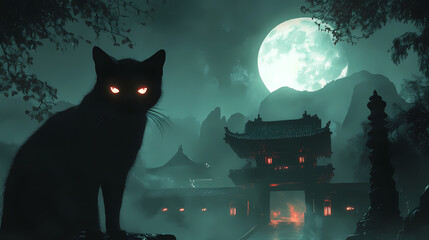 Anthropomorphic cat ninja standing alert at the entrance of a moonlit temple, eyes glowing, tense atmosphere. Eldritch Temples. Illustration