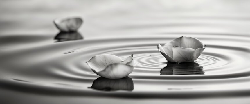 Rose petals gently floating on serene water surface with soft light and empty space for text or messaging purposes.