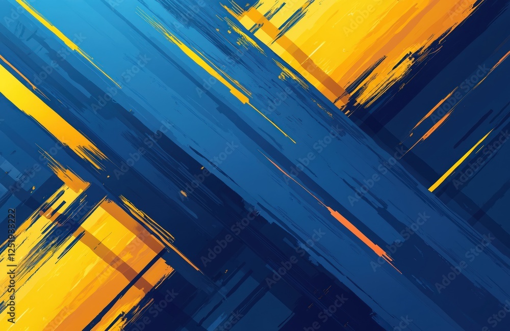 Poster modern abstract graphic art shows dynamic interplay between blue and yellow streaks. it features ene