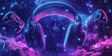Gaming headphones and controllers float in a colorful nebula