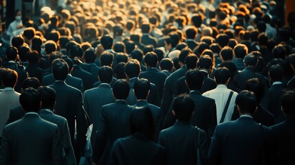 Fototapeta premium A dense crowd of Japanese businessmen in dark suits walking during rush hour, taken from behind with a telephoto lens.
