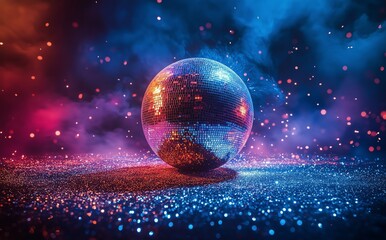 Naklejka premium Vibrant disco ball reflecting colorful lights in a smoky atmosphere during a party event