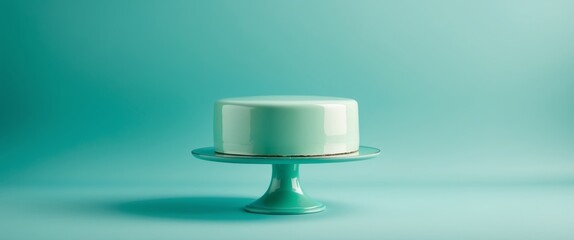Mint Green Mirror Glazed Cake on a Stand with Copy Space for Text Dessert Presentation on a Turquoise Background