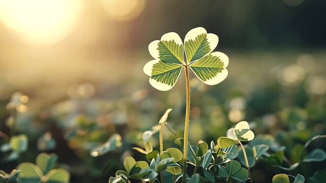 Four Leaf Clover Among Three Leaf Clovers in Sunlight
