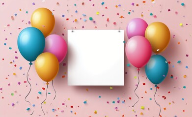 Colorful balloons and confetti with a blank canvas for celebration announcement