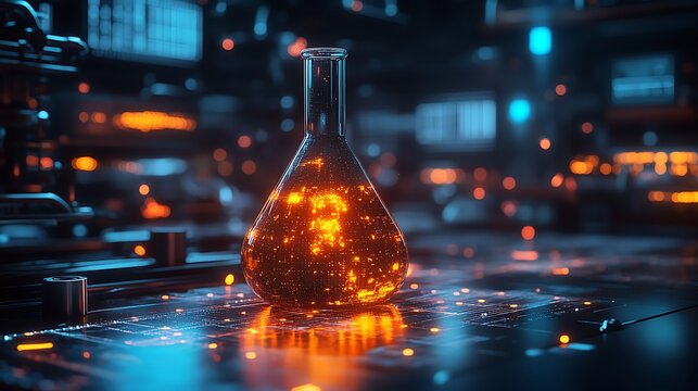 A chemistry research setting where a flask containing a vibrant glowing substance is surrounded by modern digital tools