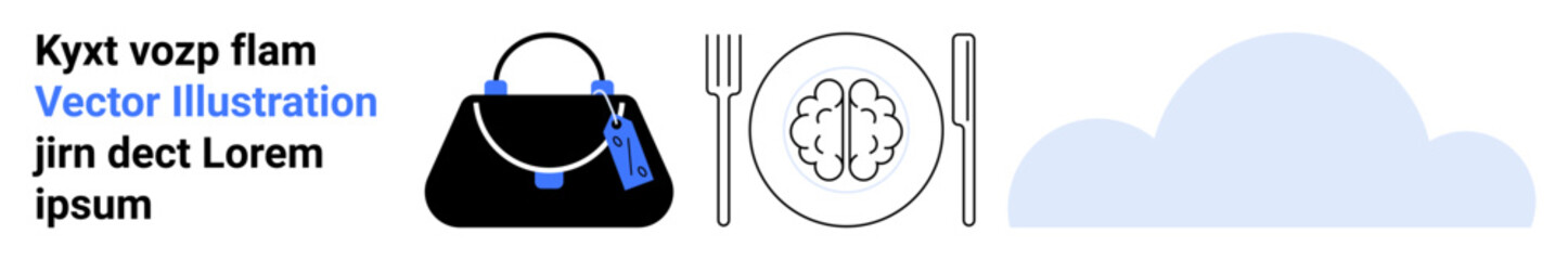 Black handbag with tassel, cutlery next to a brain on a plate, and a cloud. Ideal for creativity, fashion, culinary arts, intellect, brainstorming, abstract concepts flat landing page banner