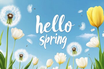 Fototapeta premium Dandelion seeds drifting over blooming tulips against vivid blue sky, representing seasonal renewal and natural beauty