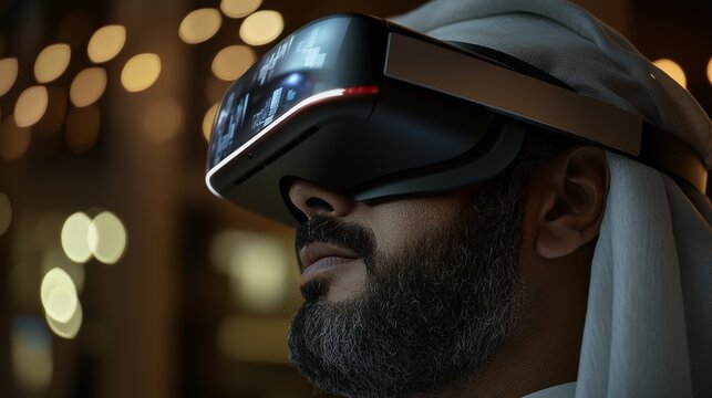 An Arab programmer adeptly adjusts a VR headset, focused on developing a virtual environment platform that showcases the future of immersive technology and user interface design