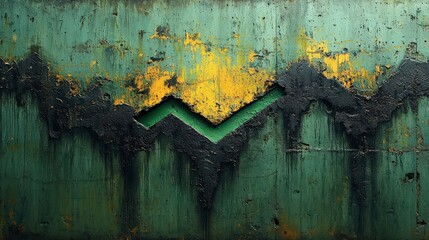Abstract Grunge Background with Dark Green and Yellow Paint and Black Zigzag Pattern