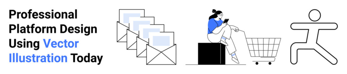 Stack of emails, online shopper with cart and smartphone, abstract minimalist figure. Ideal for e-commerce, digital communication, modern design, technology, marketing, business flat landing page