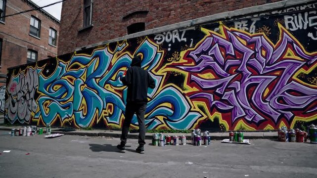 graffiti artist in dark clothing paints a vibrant mural on an urban alley wall, surrounded by spray cans, showcasing street art and creative expression