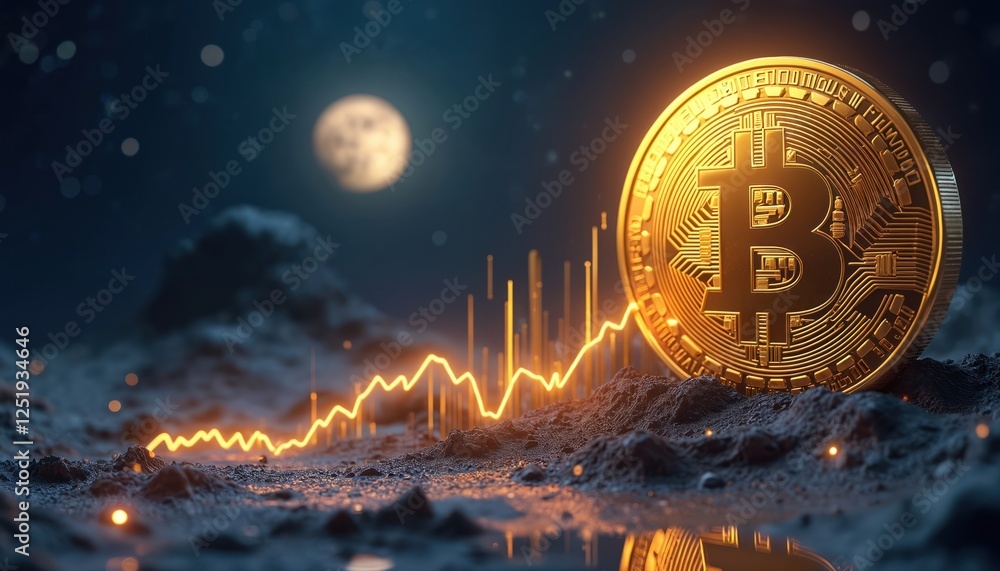 Poster Crypto bull run illustration golden Bitcoin coin on ground with graph shows growth trend to the moon on night sky background. Digital currency value rising, investment opportunity, crypto success.