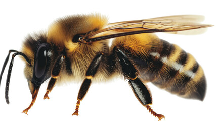 Honey bee standing on transparent background showing fur and wings