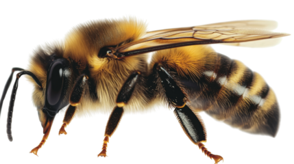 Honey bee standing on transparent background showing fur and wings
