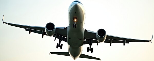 Fototapeta premium Airplane takes off during daytime. It flies into the sky and shows turbine engine wings undercarriage. Commercial aviation transport concept with jet for passenger travel or cargo delivery.