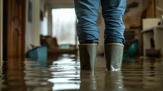 Plumber wearing rubber boots standing in flooded house interior