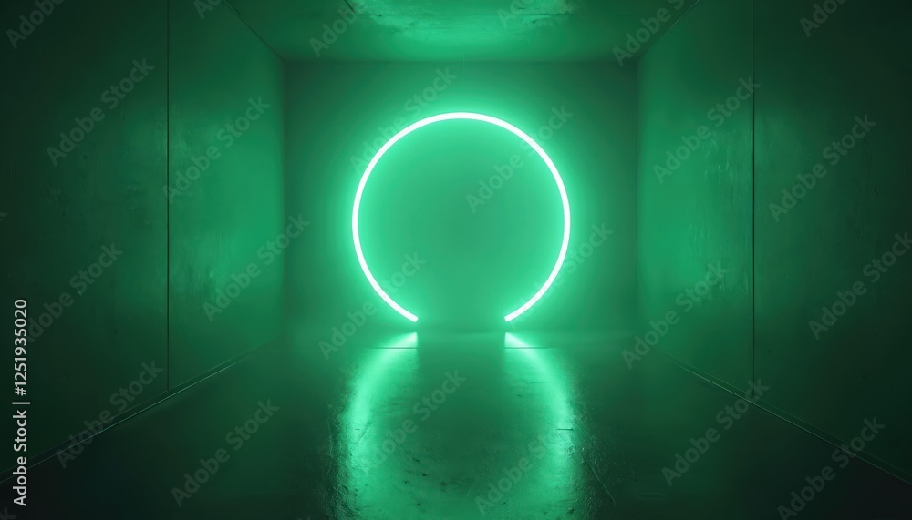 Fototapete abstract composition features glowing green ring in dark corridor. neon light reflects on floor crea