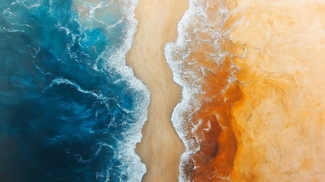 Aerial perspective of two contrasting seas divided by a sandbar, sharp color contrast 