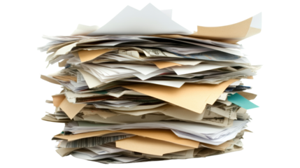 Large stack of papers on transparent background