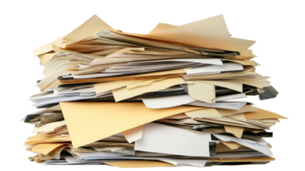 Large stack of documents on transparent background