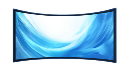 Curved smart tv showing abstract blue wavy pattern on transparent background