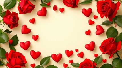 Red Roses And Hearts Frame On Cream Background