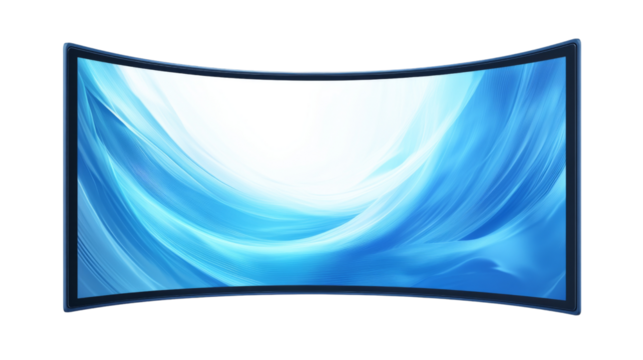 Curved smart tv showing abstract blue wavy pattern on transparent background
