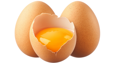 Broken chicken egg discovering its yolk surrounded by two whole eggs on transparent background