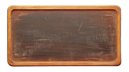 Empty blackboard with wooden frame showing scratches on transparent background