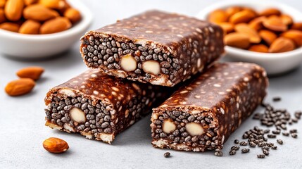 Delicious chocolate energy bars with almonds and chia seeds. A healthy and tasty snack!