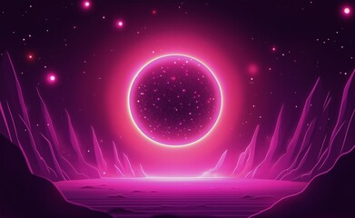 Obraz premium Vibrant pink celestial body illuminating a mystical landscape at night