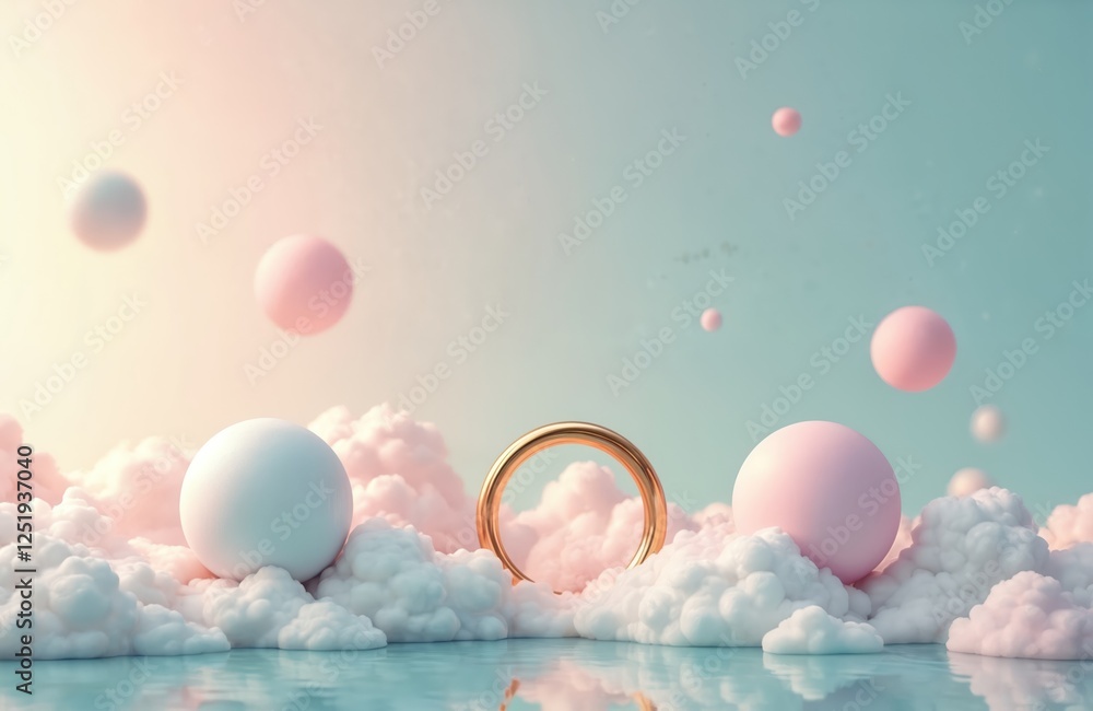 Poster dreamy landscape view shows pastel color balls floating above fluffy clouds with reflections on calm
