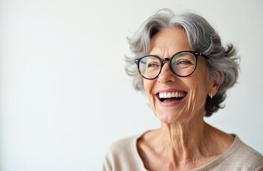 Close up portrait of happy senior woman with glasses laughing. Gray wavy hair. Cheerful mature lady with natural wrinkles smiles looking at camera. Elderly woman shows sincere positive emotions on