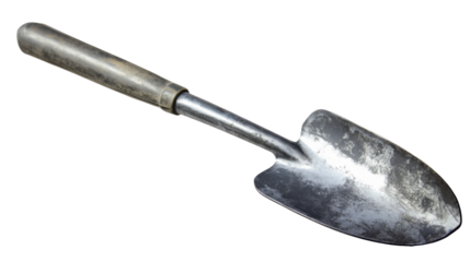 Weathered metal gardening trowel on transparent background
