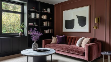 Fototapeta premium Modern home office, burgundy sofa, abstract art, window view