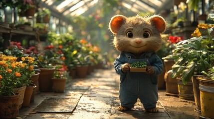 Adorable Animated Mouse Gardener Tending Plants in a Sunlit Greenhouse