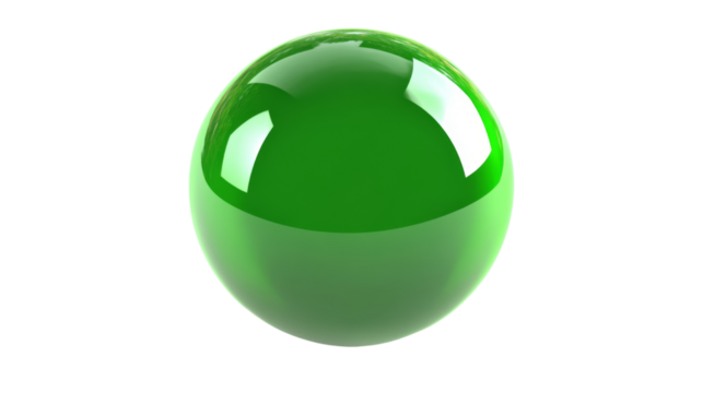 Shiny green sphere reflecting light on transparent background