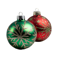 Red and Green Christmas Ornaments with Snowflake Design Isolated on Transparent Background