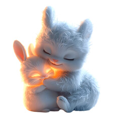 Fluffy 3D Cartoon Character Cuddling Bunny Isolated on Transparent Background