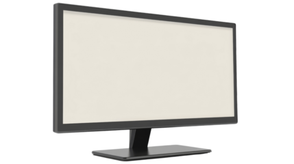 Modern wide desktop computer monitor showing blank white screen on transparent background