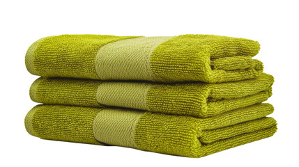 Stack of three green towels on transparent background